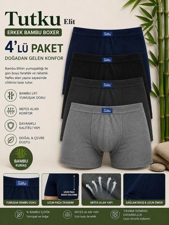 Tutku Elit 1254 Erkek Boxer Bambu Elastan Yumuşak Doku Konforlu Karışık Boxer 4 Lü Paket