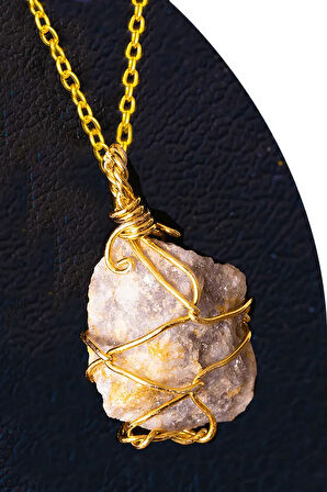 Sertifikalı Gold Tel Sargılı Ham Lepidolit Taşı Kolye
