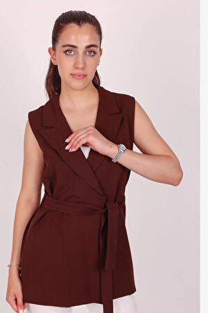 Kadın Kahverengi Kolsuz Kuşaklı Yelek