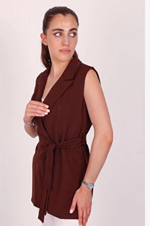 Kadın Kahverengi Kolsuz Kuşaklı Yelek