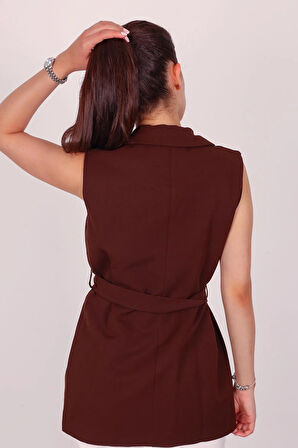 Kadın Kahverengi Kolsuz Kuşaklı Yelek