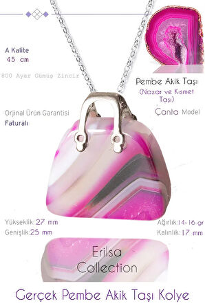Sertifikalı Çanta Model Pembe Akik Taşı Kolye