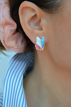 Mineli Renkli Kelebek Küpe – Mavi, Beyaz ve Pembe