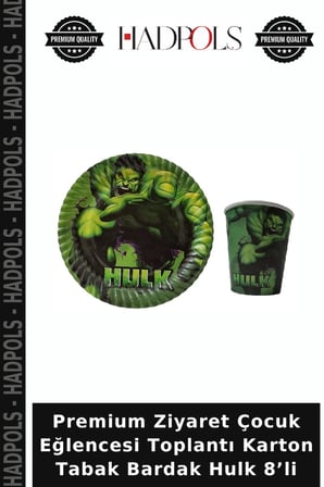 Premium Ziyaret Çocuk Eğlencesi Toplantı Karton Tabak Bardak Hulk 8’li