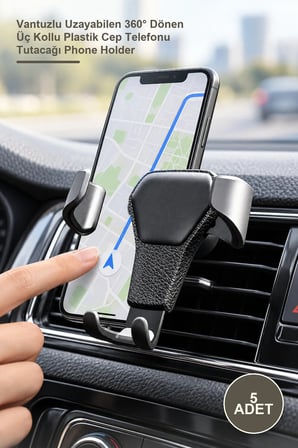 5 Adet Araç İçi Klima Telefon Tutucu – Vantuzlu Uzayabilen 360° Dönen Üç Kollu Plastik Cep Telefonu Tutacağı Phone Holder
