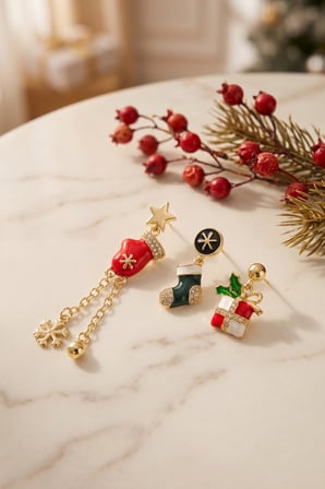Gold Noel Baba Şapkalı Zirkon Taşlı Zincirli Yılbaşı Küpe 5886