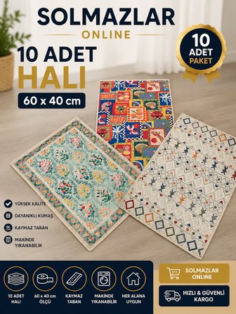 10 Adet 60x40 cm Halı Seti – Kaymaz Tabanlı Makinede Yıkanabilir Dekoratif Mini Halı Paspas