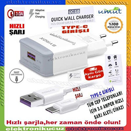 Umut Bilişim Teknolojileri _  Samsung Galaxy M20 Uyumlu 18W 3.0A Type-C Hızlı Şarj Cihazı / Şarj Aleti Seti (Adaptör+Kablo)