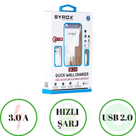 HsYn_HTC Desire 628 Uyumlu Mikro Usb Girişli 3.0 Amper Şarj Aleti+Kablo Şarj Cihazı_q30