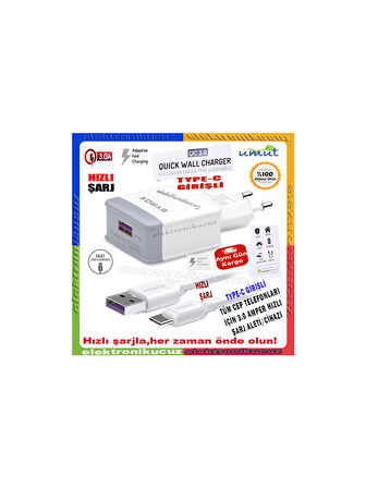 HüSo_CAT S52 Uyumlu Type-C Girişli Hızlı Şarj Aleti Cihazı Adaptör+Kablo 3.0A Q32