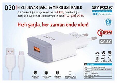 Syrox EU-10 Micro USB 18 Watt Hızlı Şarj Aleti Beyaz