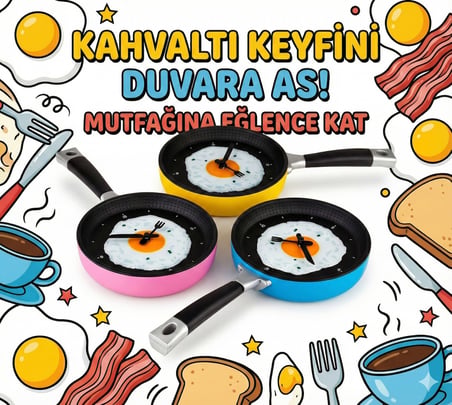 Delux Serisi Mutfak Süsü Şık Detay Dekoratif Yumurta Görünümlü Büyük Boy Tava Konseptli Duvar Saati