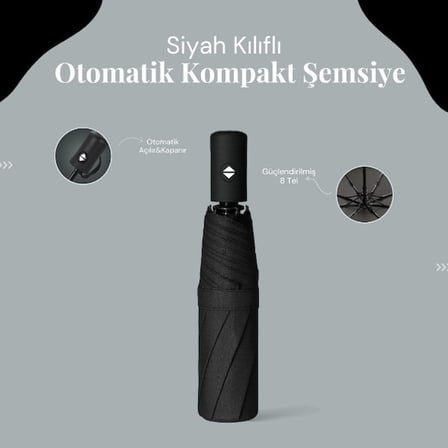 Özel Üretim Siyah Kılıflı Otomatik Kompakt Şemsiye Günlük Kullanım Pratik Rüzgar Koruması