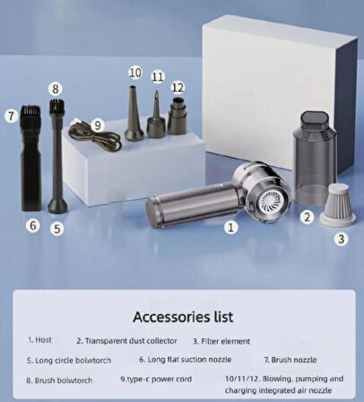 Ultra Güçlü Emiş Profesyonel Portatif 3 Kademeli Tabilir Vakumlu Kablosuz Üflemeli Mini Araç Süpürgesi