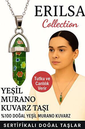 Sertifikalı Çivi Model Yeşil Murano Kuvars Doğal Taş Kolye – Tutku ve Canlılık Taşı