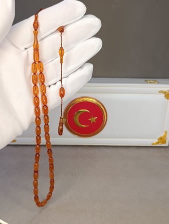 ATEŞ KEHRİBAR TESBİH HARELİ AMBER RENK HALİL KOÇAK USTA YAPIMI