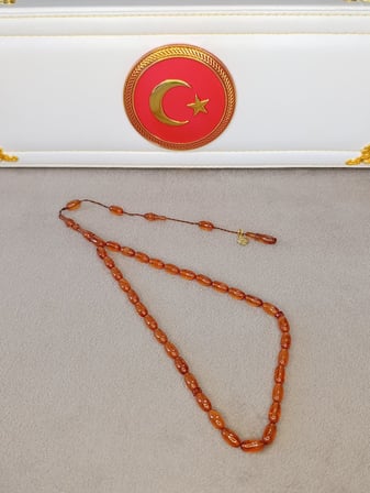 ATEŞ KEHRİBAR TESBİH HARELİ AMBER RENK HALİL KOÇAK USTA YAPIMI