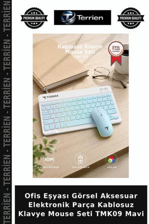 Ofis Eşyası Görsel Aksesuar Elektronik Parça Kablosuz Klavye Mouse Seti TMK09 Mavi