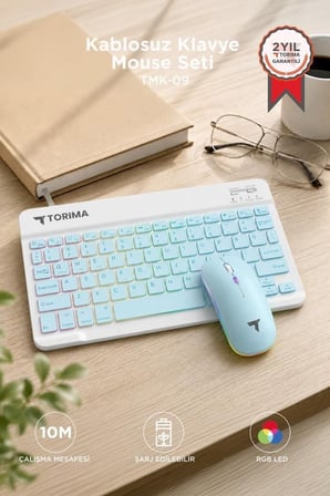 Ofis Eşyası Görsel Aksesuar Elektronik Parça Kablosuz Klavye Mouse Seti TMK09 Mavi