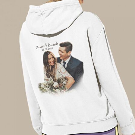 Kişiye Özel Fotoğraf Baskılı Cepli, Kapşonlu Beyaz Unisex Sweatshirt HK2156