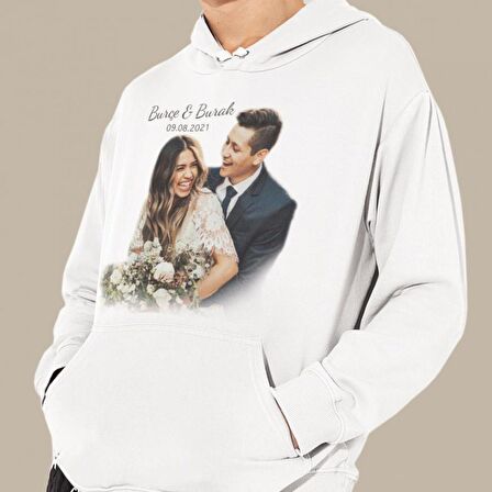 Kişiye Özel Fotoğraf Baskılı Cepli, Kapşonlu Beyaz Unisex Sweatshirt HK2156