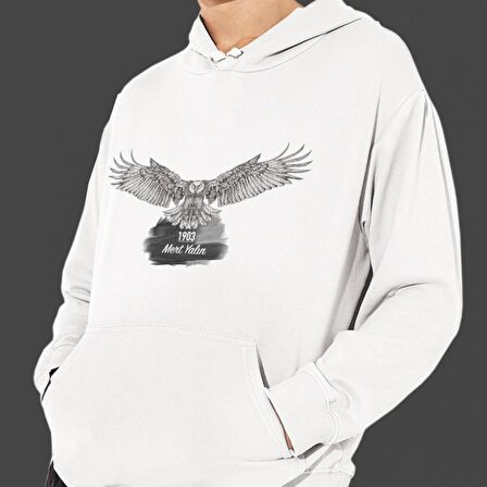 Kişiye Özel Kara Kartal Baskılı Cepli, Kapşonlu Beyaz Unisex Sweatshirt HK2166