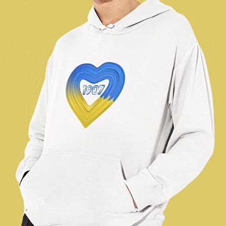 Sarı Lacivert Aşk Baskılı Cepli, Kapşonlu Beyaz Unisex Sweatshirt HK2167