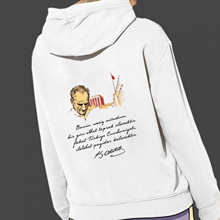 Atatürk Baskılı Cepli, Kapşonlu Beyaz Unisex Sweatshirt HK2290