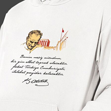 Atatürk Baskılı Cepli, Kapşonlu Beyaz Unisex Sweatshirt HK2290