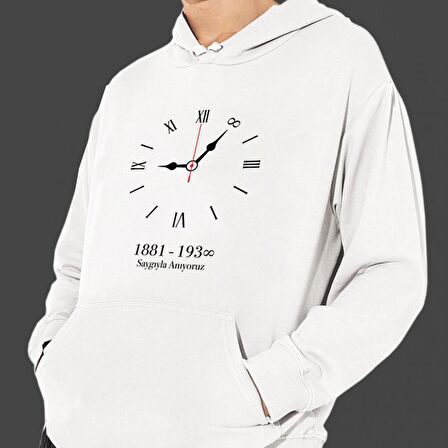 Atatürk 10 Kasım Özel Baskılı Cepli, Kapşonlu Beyaz Unisex Sweatshirt HK2291