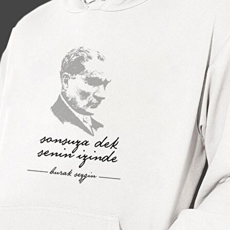 Kişiye Özel Atatürk Baskılı Cepli, Kapşonlu Beyaz Unisex Sweatshirt HK2292