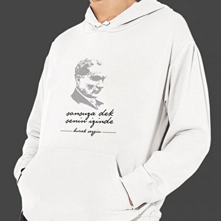 Kişiye Özel Atatürk Baskılı Cepli, Kapşonlu Beyaz Unisex Sweatshirt HK2292