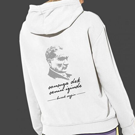 Kişiye Özel Atatürk Baskılı Cepli, Kapşonlu Beyaz Unisex Sweatshirt HK2292