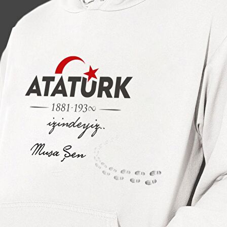 Kişiye Özel Atatürk ve Bayrak Baskılı Cepli, Kapşonlu Beyaz Unisex Sweatshirt HK2293