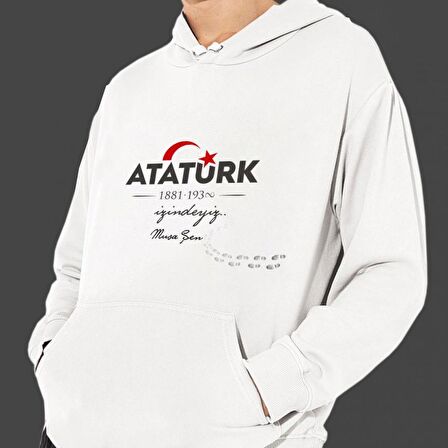 Kişiye Özel Atatürk ve Bayrak Baskılı Cepli, Kapşonlu Beyaz Unisex Sweatshirt HK2293