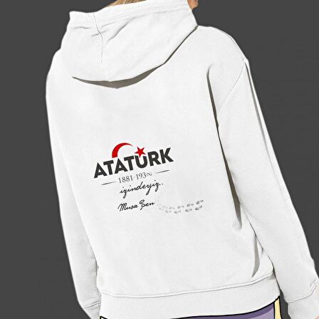 Kişiye Özel Atatürk ve Bayrak Baskılı Cepli, Kapşonlu Beyaz Unisex Sweatshirt HK2293