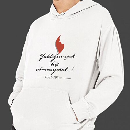 10 Kasım Özel Baskılı Cepli, Kapşonlu Beyaz Unisex Sweatshirt HK2295