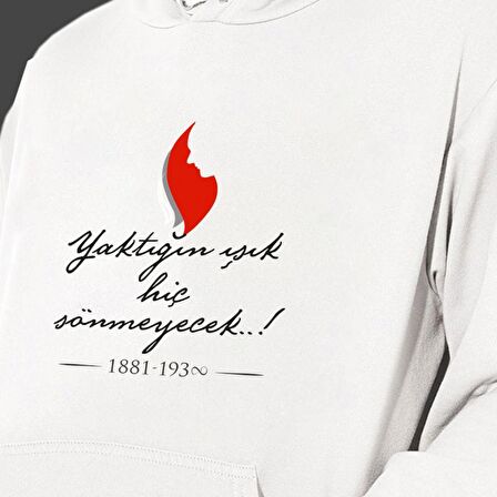 10 Kasım Özel Baskılı Cepli, Kapşonlu Beyaz Unisex Sweatshirt HK2295