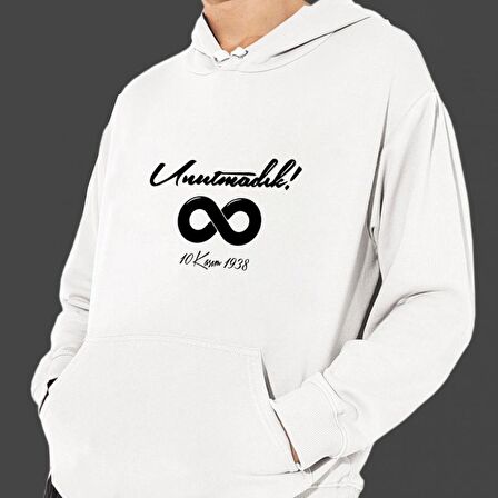 10 Kasım Özel Baskılı Cepli, Kapşonlu Beyaz Unisex Sweatshirt HK2298