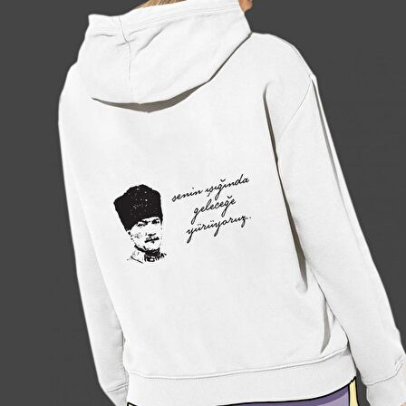 Atatürk Baskılı Cepli, Kapşonlu Beyaz Unisex Sweatshirt HK2299