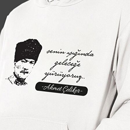 Kişiye Özel Atatürk Baskılı Cepli, Kapşonlu Beyaz Unisex Sweatshirt HK2300