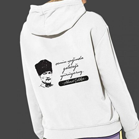 Kişiye Özel Atatürk Baskılı Cepli, Kapşonlu Beyaz Unisex Sweatshirt HK2300