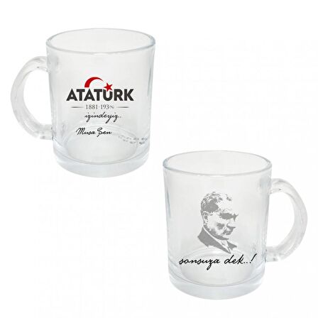 Kişiye Özel Atatürk ve Bayrak Baskılı Şeffaf Cam Kupa Bardak HK2312