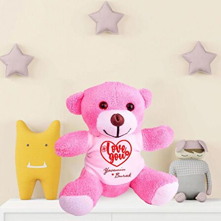 Kişiye Özel Baskılı Peluş Pembe Ayı Love You HK2348