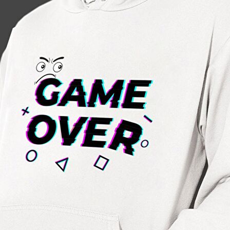 Game Over Baskılı Cepli, Kapşonlu Beyaz Unisex Sweatshirt HK2353