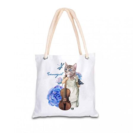 Kişiye Özel Gitarlı Kedi Baskılı Bez Kol Çantası 40x40 cm HK2354