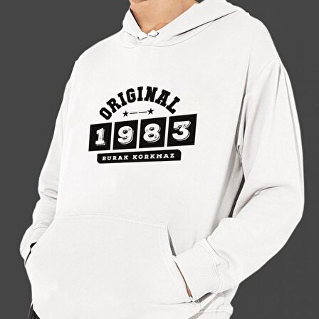 Kişiye Özel Tarih Baskılı Cepli, Kapşonlu Beyaz Unisex Sweatshirt HK2359