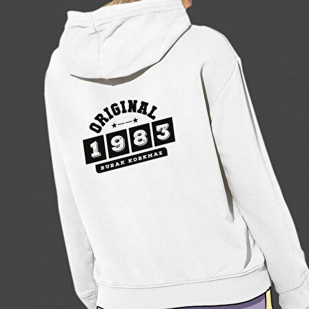 Kişiye Özel Tarih Baskılı Cepli, Kapşonlu Beyaz Unisex Sweatshirt HK2359