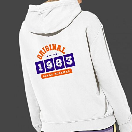 Kişiye Özel Tarih Baskılı Cepli, Kapşonlu Beyaz Unisex Sweatshirt HK2360