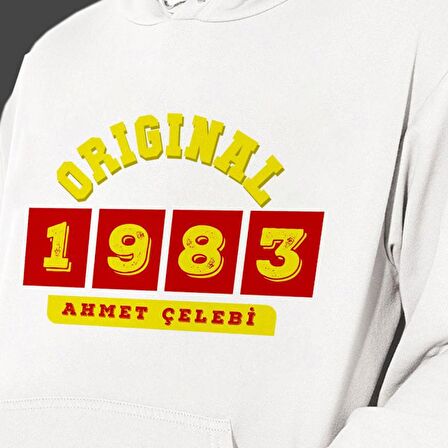 Kişiye Özel Sarı Kırmızı İsim Tarih Baskılı Cepli, Kapşonlu Beyaz Unisex Sweatshirt HK2370